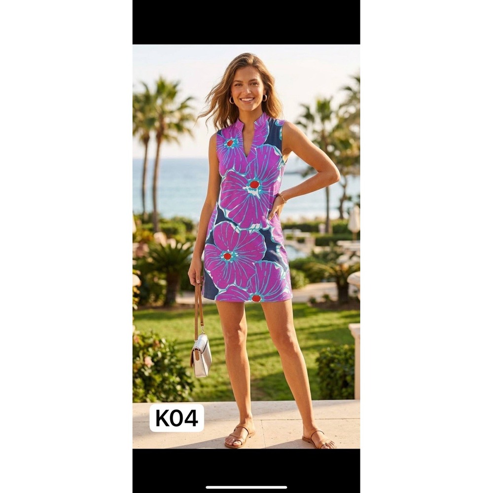 Mahi Gold Pink Blue Floral Sleeveless Resort Shift Dress Medium Preppy Travel
